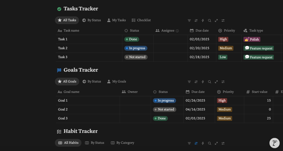 Tasks Tracker with tasks and goals listed on a dark background