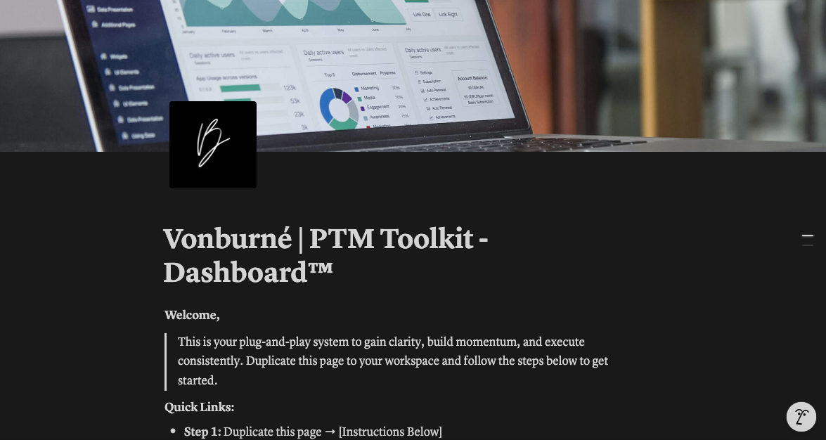 Vonburné PTM Toolkit Dashboard on a computer screen with a blurred background